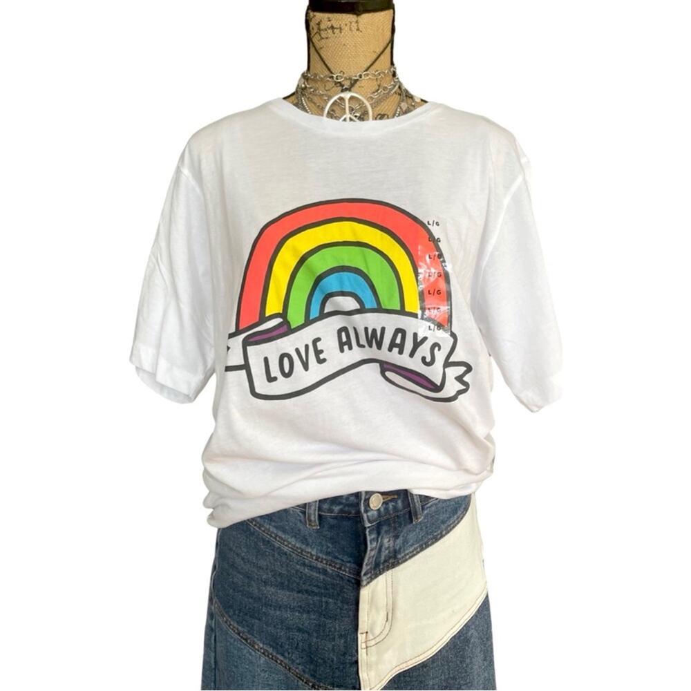 NEW -- HALLMARK -LOVE ALWAYS - white t-shirt with rainbow graphic design - LARGE